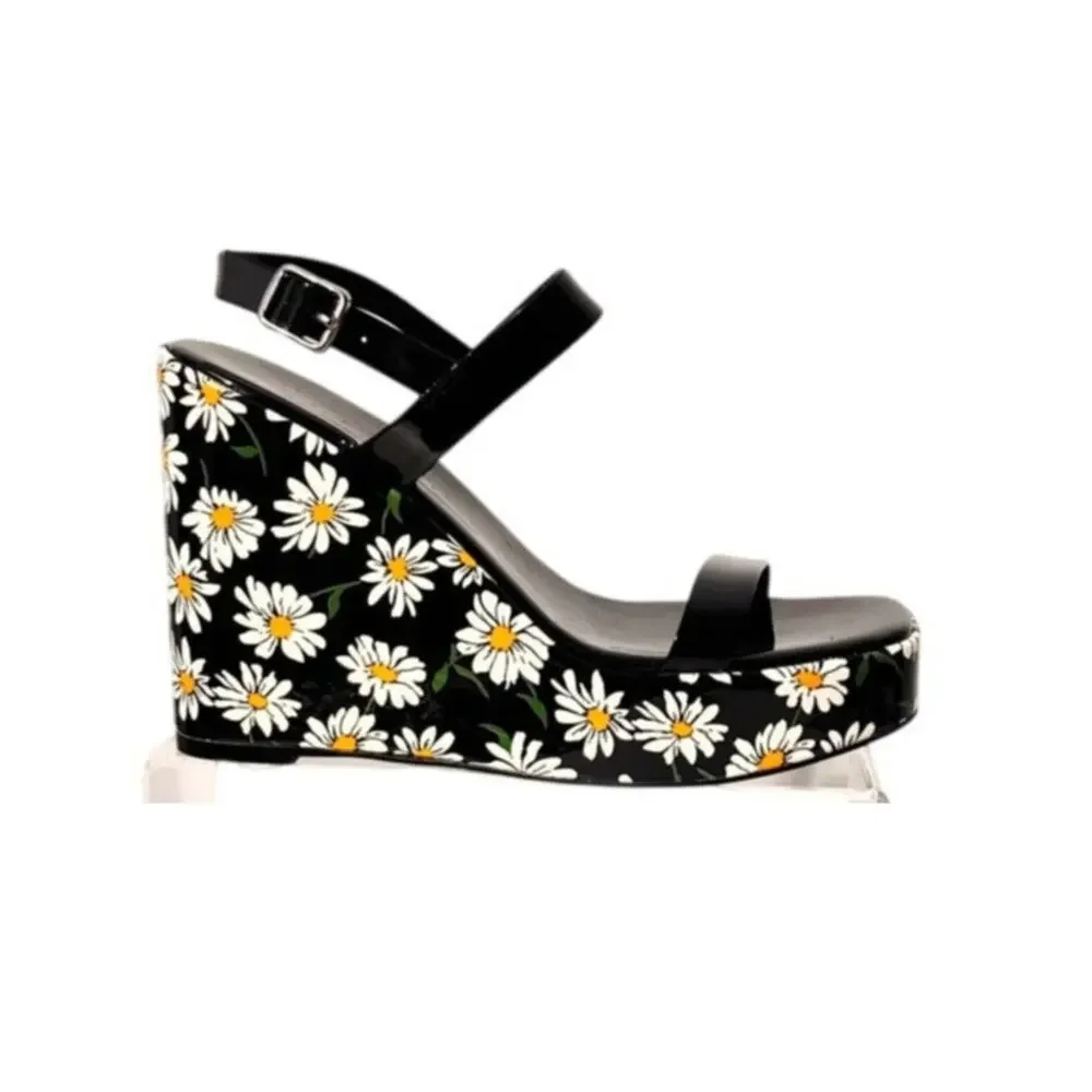 Betsey Johnson Landry Daisy Platform Wedge Sandals Black Floral Women Size 9